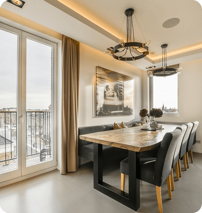 Beautiful dining room interior with large windows